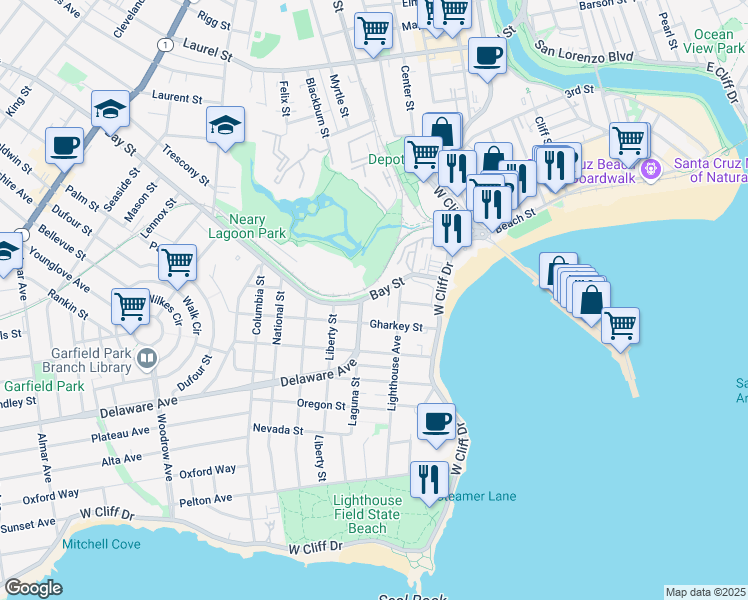 map of restaurants, bars, coffee shops, grocery stores, and more near 227 Bay Street in Santa Cruz
