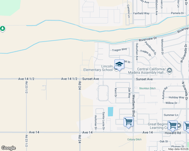 map of restaurants, bars, coffee shops, grocery stores, and more near 3803 Via Santa Barbara in Madera