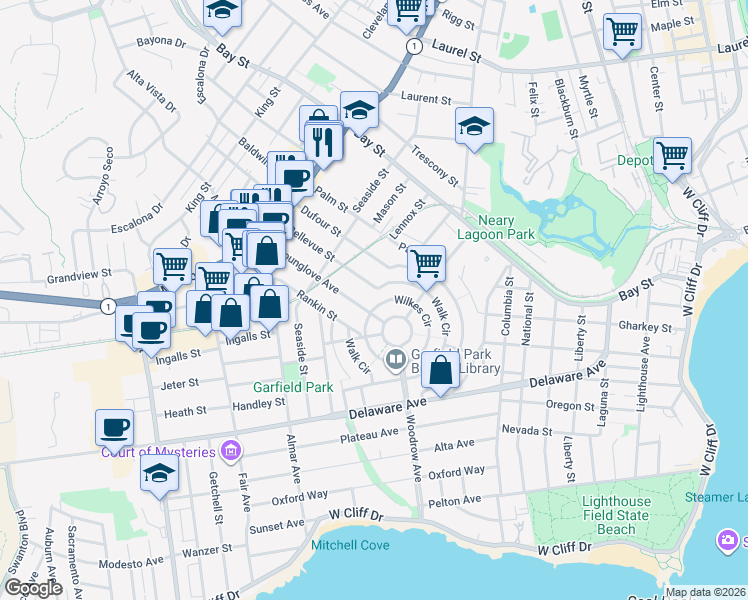 map of restaurants, bars, coffee shops, grocery stores, and more near 342 Wilkes Circle in Santa Cruz