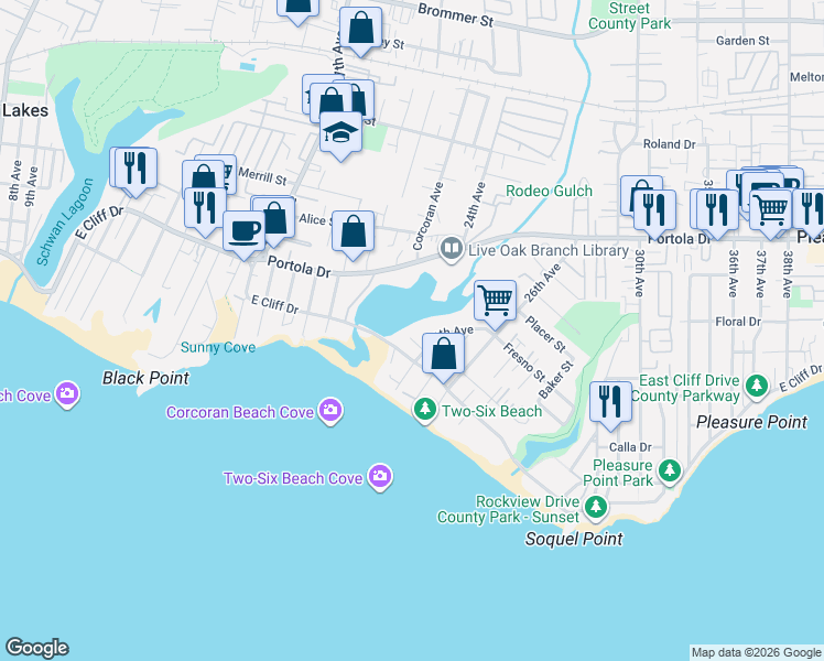 map of restaurants, bars, coffee shops, grocery stores, and more near 236 24th Avenue in Santa Cruz