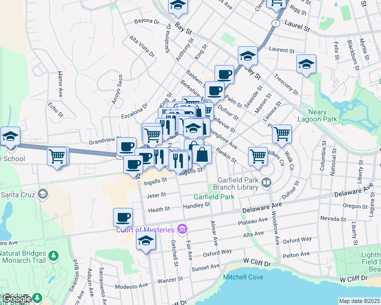 map of restaurants, bars, coffee shops, grocery stores, and more near 815-2 Ingalls Street in Santa Cruz