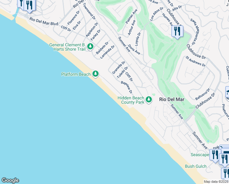map of restaurants, bars, coffee shops, grocery stores, and more near 553 Beach Drive in Aptos