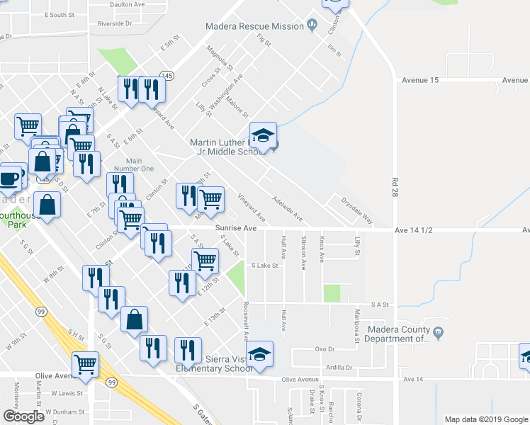 map of restaurants, bars, coffee shops, grocery stores, and more near 711 Vineyard Avenue in Madera