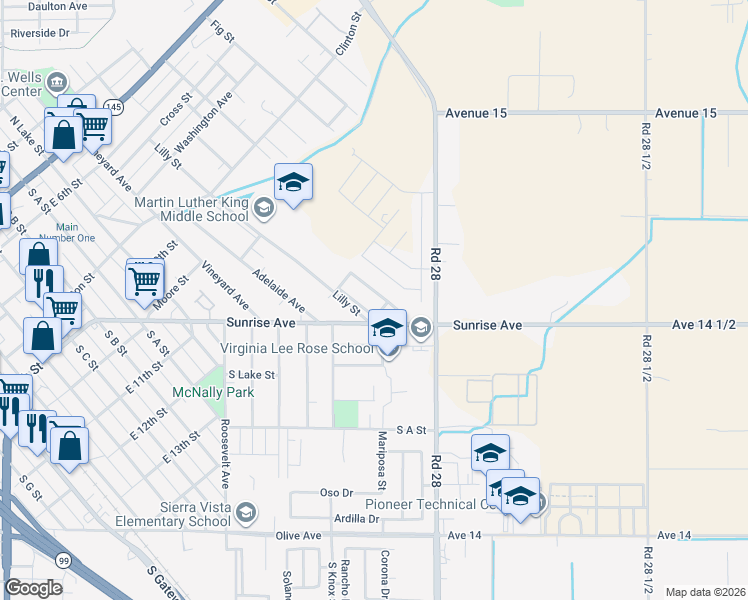 map of restaurants, bars, coffee shops, grocery stores, and more near 915 Lilly Street in Madera