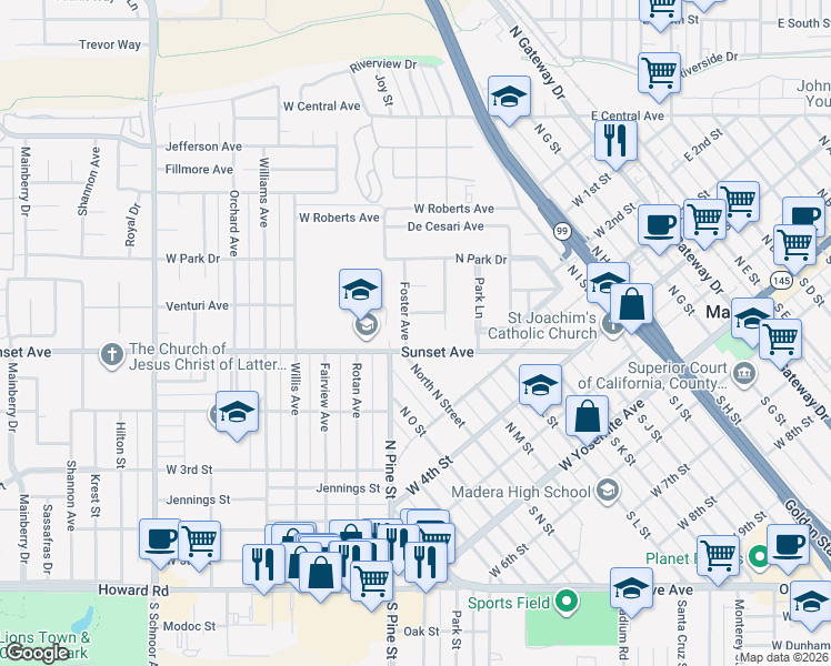 map of restaurants, bars, coffee shops, grocery stores, and more near 701 Sunset Avenue in Madera