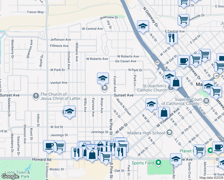 map of restaurants, bars, coffee shops, grocery stores, and more near 701 Sunset Avenue in Madera