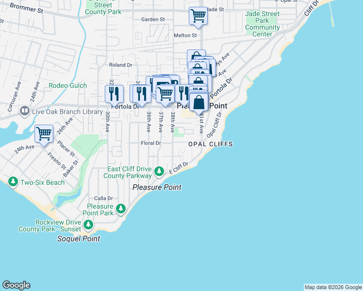 map of restaurants, bars, coffee shops, grocery stores, and more near 23905 East Cliff Drive in Santa Cruz