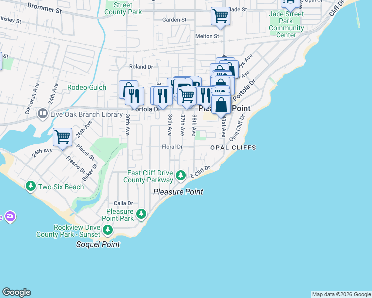map of restaurants, bars, coffee shops, grocery stores, and more near 3715 Moana Way in Santa Cruz
