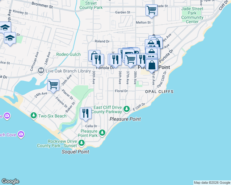map of restaurants, bars, coffee shops, grocery stores, and more near 540 36th Avenue in Santa Cruz