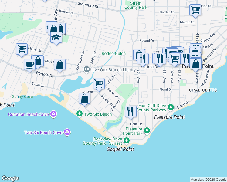 map of restaurants, bars, coffee shops, grocery stores, and more near 416 Hickman Court in Santa Cruz