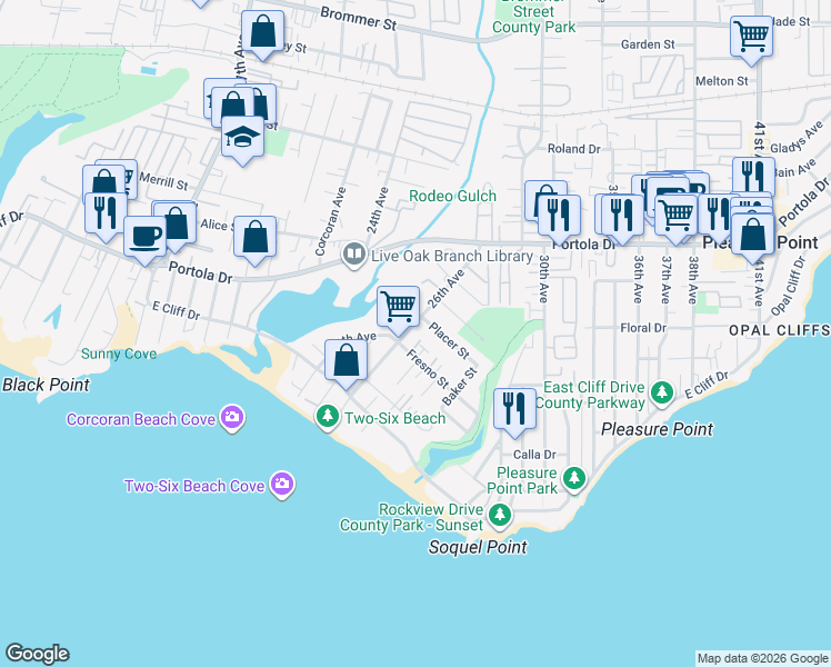 map of restaurants, bars, coffee shops, grocery stores, and more near 2630 Fresno Street in Santa Cruz