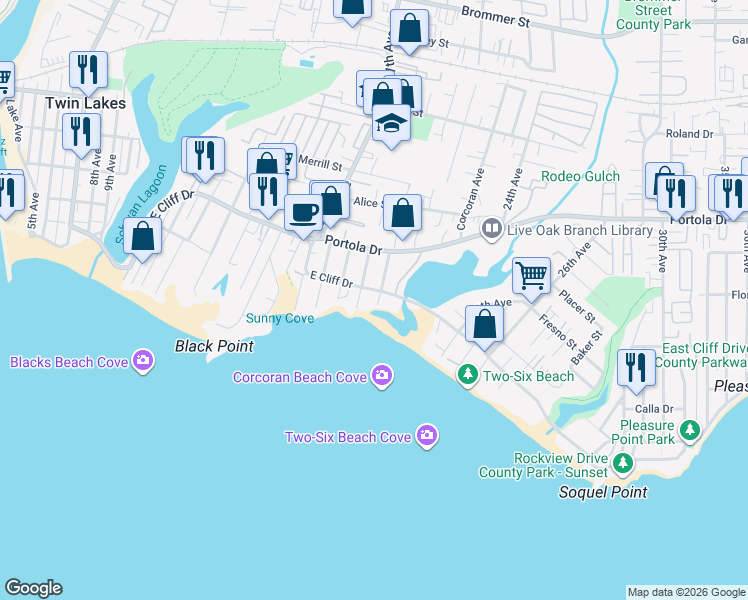map of restaurants, bars, coffee shops, grocery stores, and more near 100 20th Avenue in Santa Cruz
