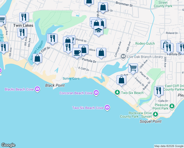 map of restaurants, bars, coffee shops, grocery stores, and more near 100 20th Avenue in Santa Cruz