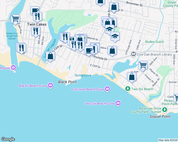 map of restaurants, bars, coffee shops, grocery stores, and more near 100 Sunny Cove Drive in Santa Cruz