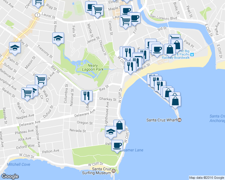 map of restaurants, bars, coffee shops, grocery stores, and more near 116 Gharkey Street in Santa Cruz
