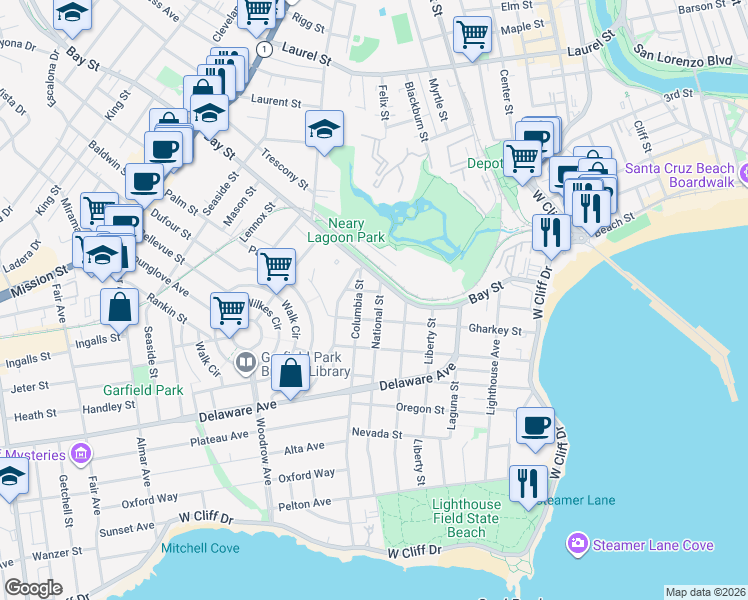 map of restaurants, bars, coffee shops, grocery stores, and more near 516 Gharkey Street in Santa Cruz