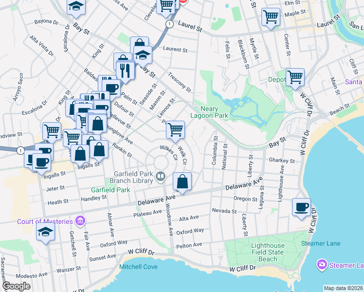 map of restaurants, bars, coffee shops, grocery stores, and more near 227 Wilkes Circle in Santa Cruz