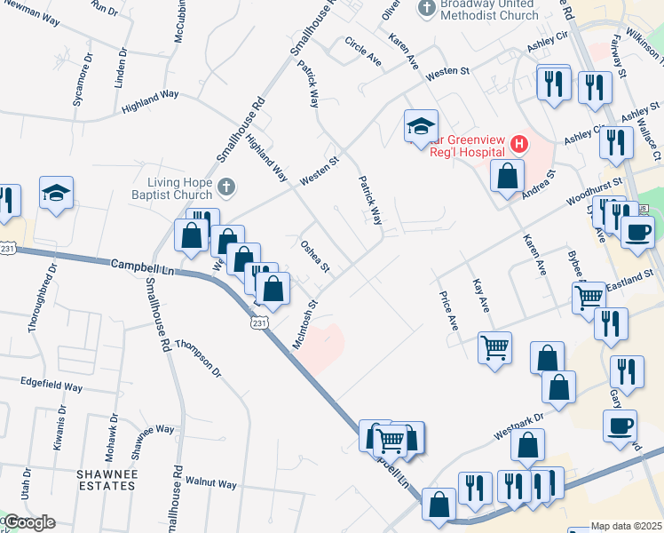 map of restaurants, bars, coffee shops, grocery stores, and more near 1721 McIntosh Street in Bowling Green