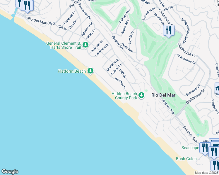 map of restaurants, bars, coffee shops, grocery stores, and more near 553 Beach Drive in Aptos