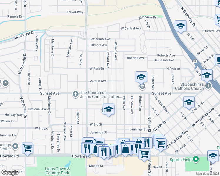 map of restaurants, bars, coffee shops, grocery stores, and more near 1803 Sunset Avenue in Madera