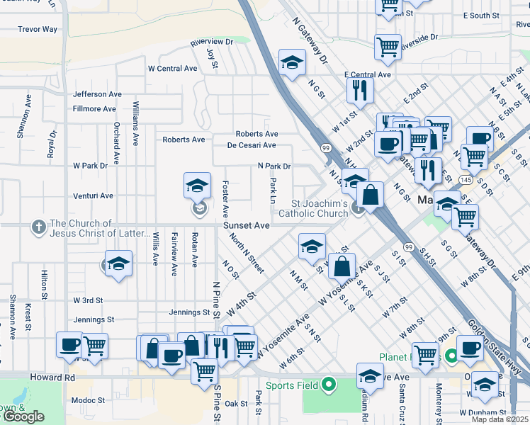 map of restaurants, bars, coffee shops, grocery stores, and more near West Park in Madera