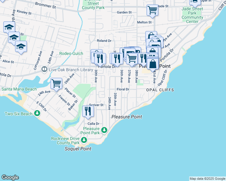map of restaurants, bars, coffee shops, grocery stores, and more near 540 34th Avenue in Santa Cruz