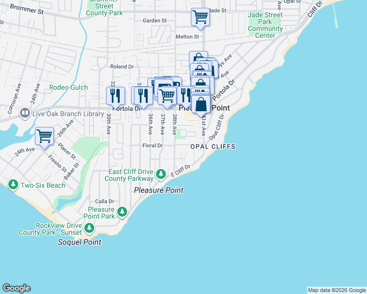 map of restaurants, bars, coffee shops, grocery stores, and more near 3844 Floral Court in Santa Cruz