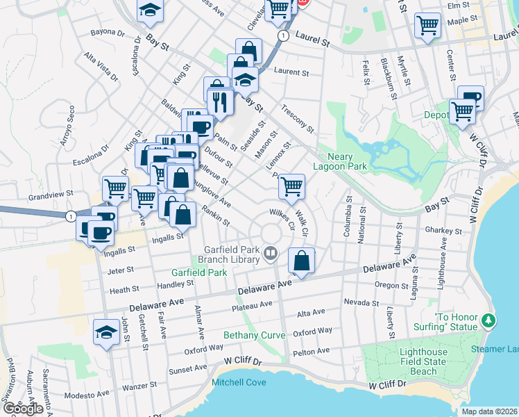 map of restaurants, bars, coffee shops, grocery stores, and more near 343 Dufour Street in Santa Cruz