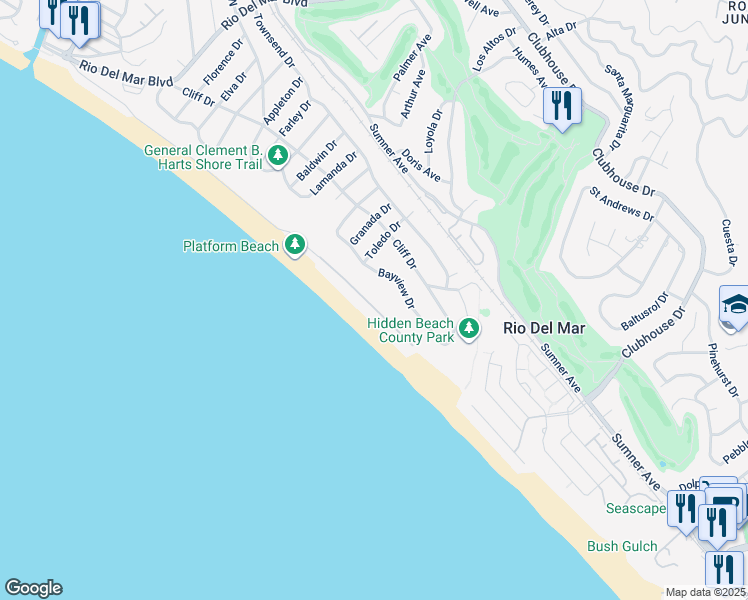 map of restaurants, bars, coffee shops, grocery stores, and more near 617 Beach Drive in Aptos