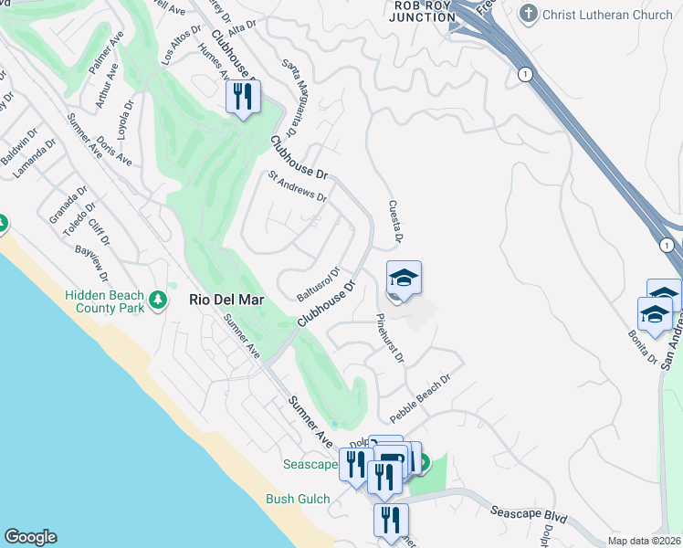 map of restaurants, bars, coffee shops, grocery stores, and more near 260 Baltusrol Drive in Aptos