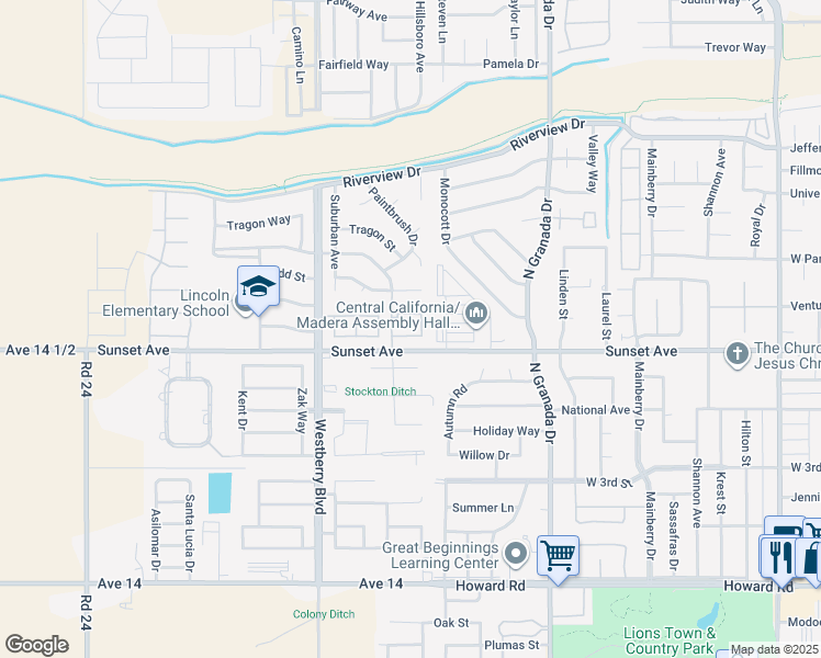 map of restaurants, bars, coffee shops, grocery stores, and more near 63 Rosewood Circle in Madera
