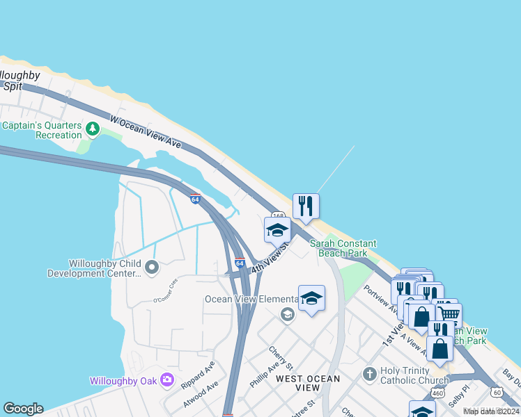 map of restaurants, bars, coffee shops, grocery stores, and more near 494 West Ocean View Avenue in Norfolk