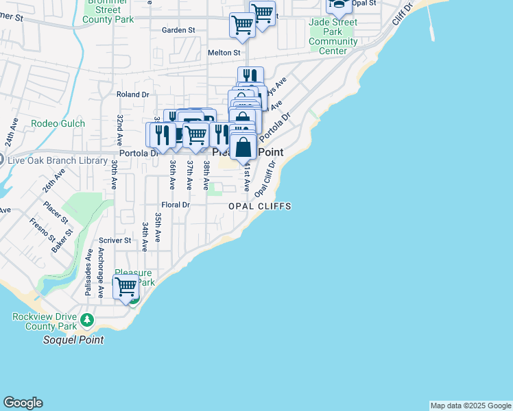map of restaurants, bars, coffee shops, grocery stores, and more near 4120 Opal Cliff Drive in Santa Cruz