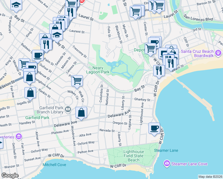 map of restaurants, bars, coffee shops, grocery stores, and more near in Santa Cruz