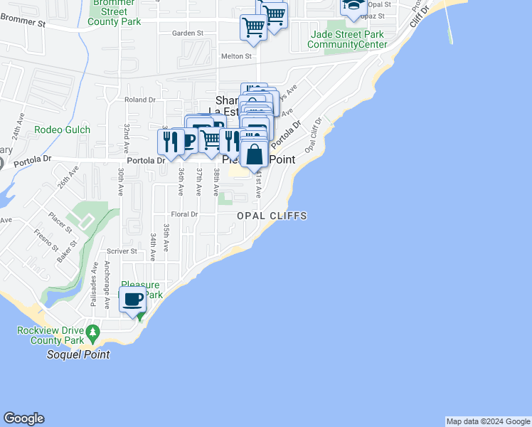 map of restaurants, bars, coffee shops, grocery stores, and more near 4120 Opal Cliff Drive in Santa Cruz