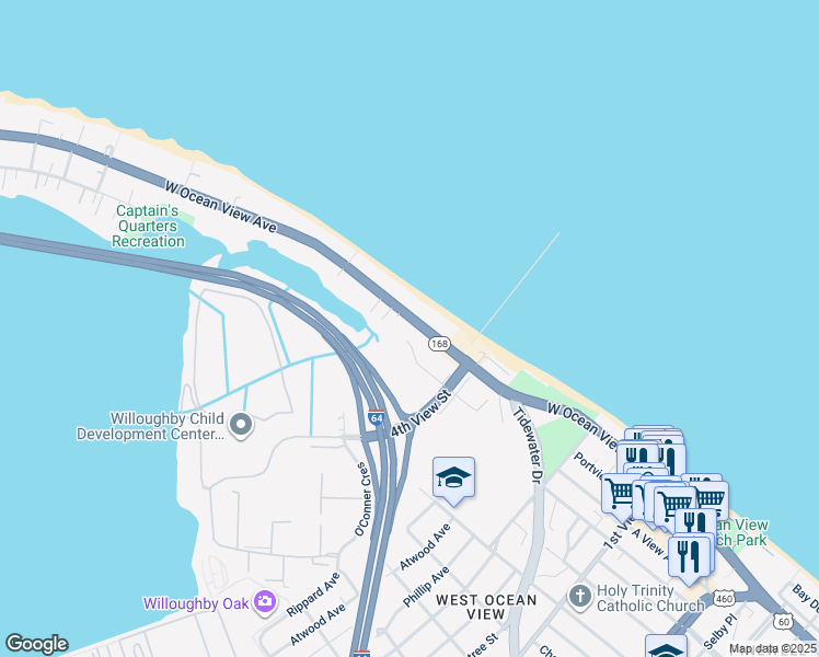 map of restaurants, bars, coffee shops, grocery stores, and more near 494 West Ocean View Avenue in Norfolk