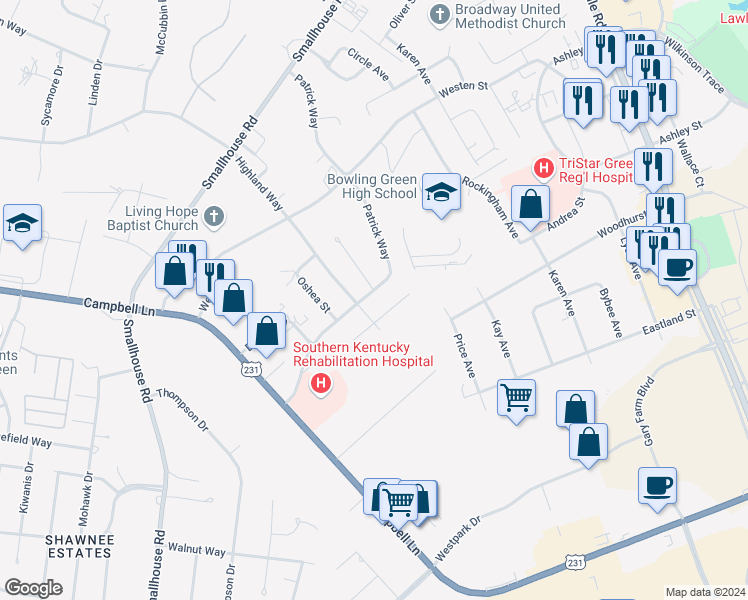 map of restaurants, bars, coffee shops, grocery stores, and more near 1626 McIntosh Street in Bowling Green