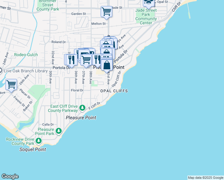 map of restaurants, bars, coffee shops, grocery stores, and more near 4120 Opal Cliff Drive in Santa Cruz