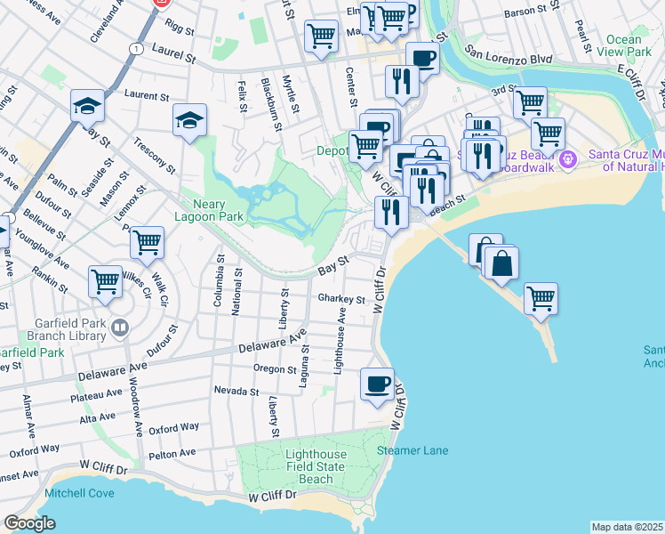 map of restaurants, bars, coffee shops, grocery stores, and more near 211 Bay Street in Santa Cruz