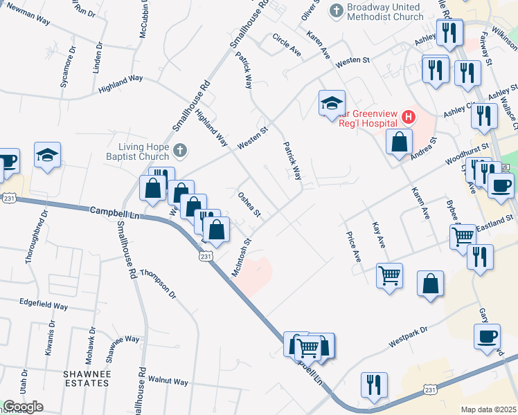 map of restaurants, bars, coffee shops, grocery stores, and more near 1722 Oshea Street in Bowling Green