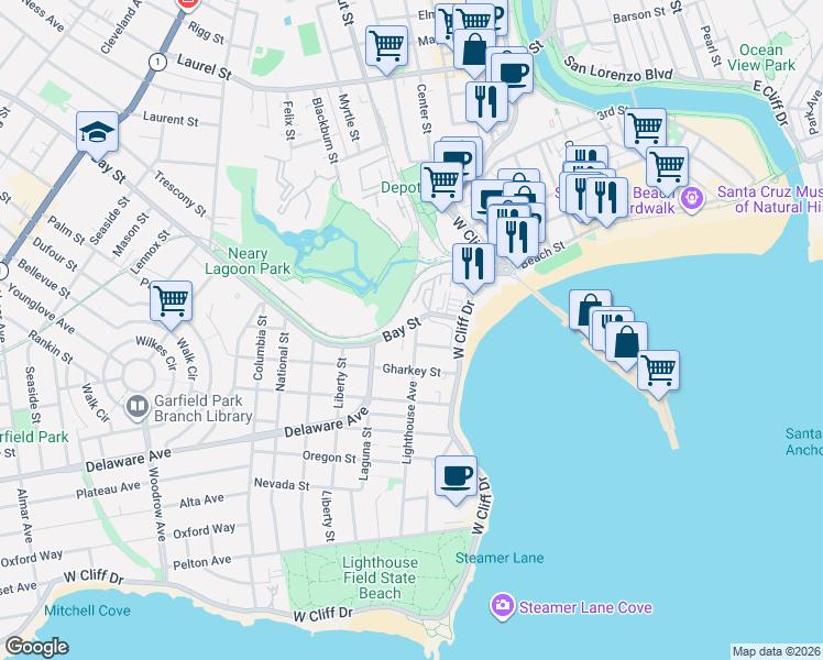 map of restaurants, bars, coffee shops, grocery stores, and more near 144 Bay Street in Santa Cruz