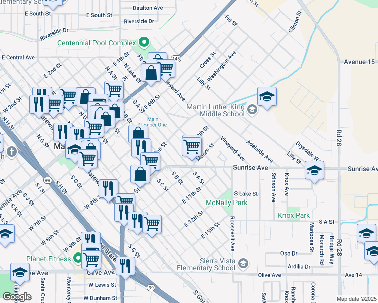 map of restaurants, bars, coffee shops, grocery stores, and more near 417 South A Street in Madera