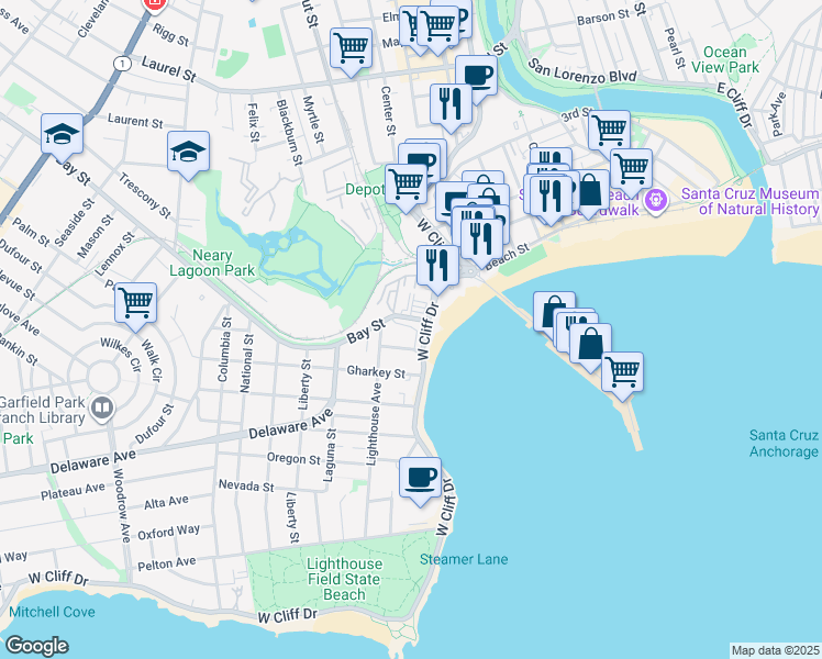 map of restaurants, bars, coffee shops, grocery stores, and more near 37 Bay Street in Santa Cruz