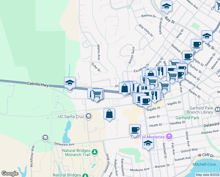 map of restaurants, bars, coffee shops, grocery stores, and more near 108 Beachview Avenue in Santa Cruz