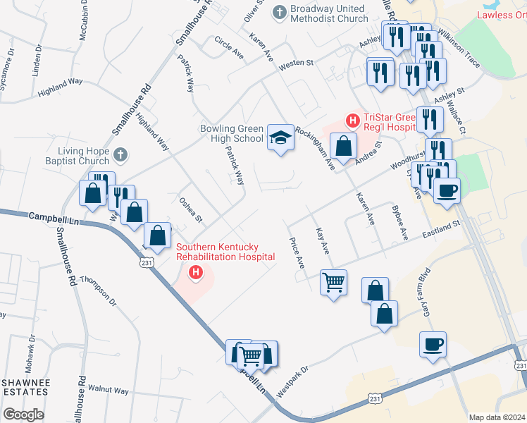 map of restaurants, bars, coffee shops, grocery stores, and more near 1609b Flanigan Court in Bowling Green