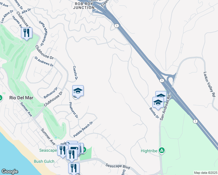 map of restaurants, bars, coffee shops, grocery stores, and more near 188 Zanzibar Drive in Aptos