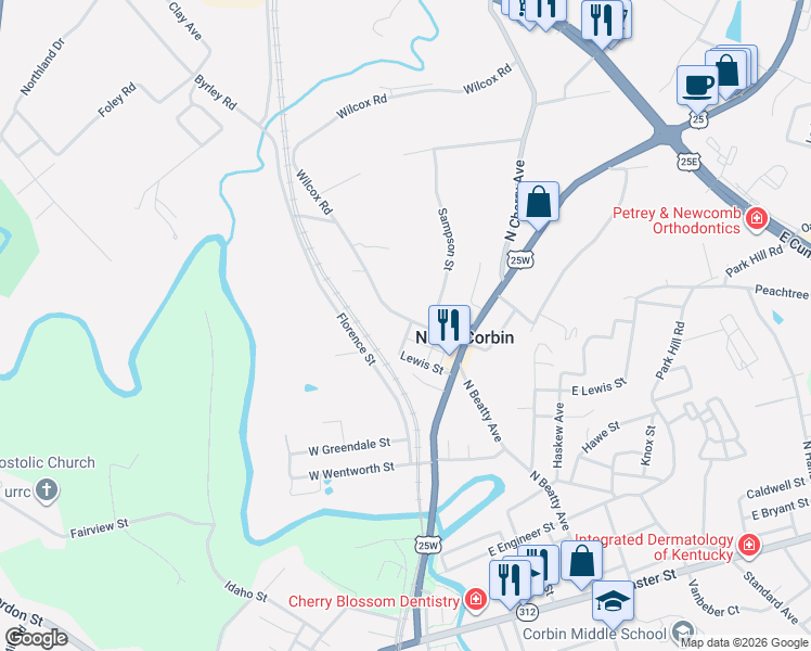 map of restaurants, bars, coffee shops, grocery stores, and more near 1137 Kentucky 1223 in Corbin