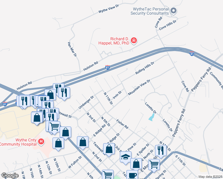 map of restaurants, bars, coffee shops, grocery stores, and more near 607 Rolling Hills Drive in Wytheville