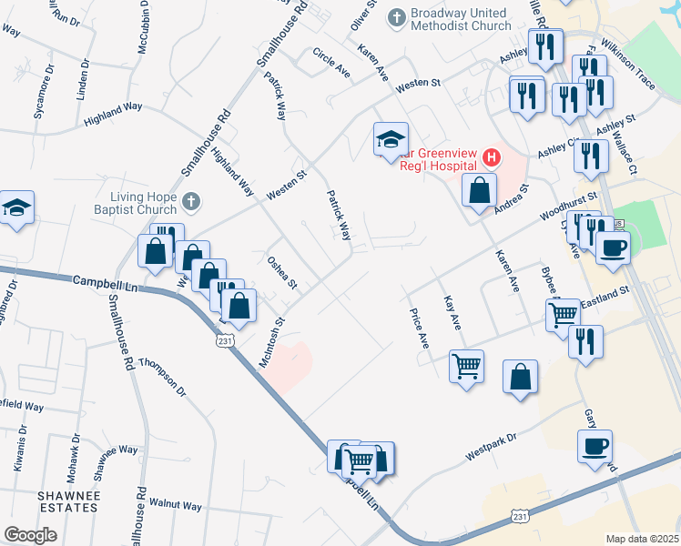 map of restaurants, bars, coffee shops, grocery stores, and more near 1622 McIntosh Street in Bowling Green