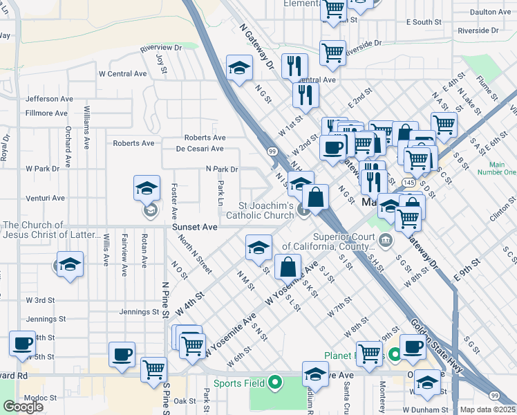 map of restaurants, bars, coffee shops, grocery stores, and more near 117 South Park Drive in Madera